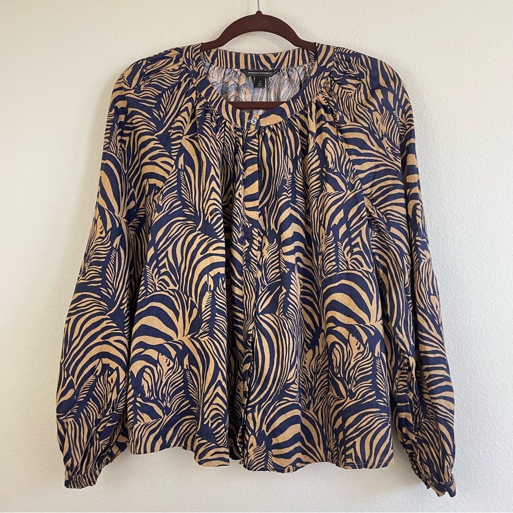 Banana Republic Zebras Linen Balloon Sleeves‎ Button Down Shirt Size Small